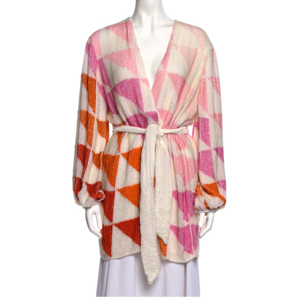 Retrofete Gabrielle robe dress w/ triangle designs in orange, pink & light pink